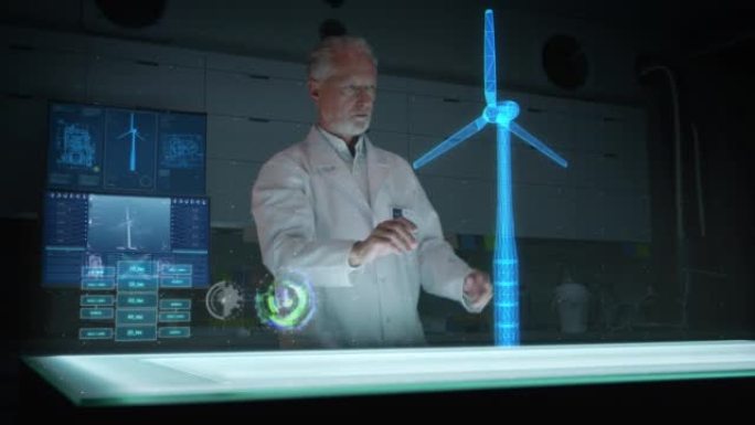 未来实验室。全息，三维风力发电机模型。研究可再生能源的成熟科学家