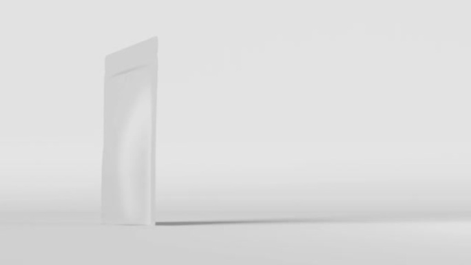 白色袋袋模型品牌光背景3D动画。商品包装设计。空白箔咖啡豆包装。茶食零食香包产品模板。商店送货销售示
