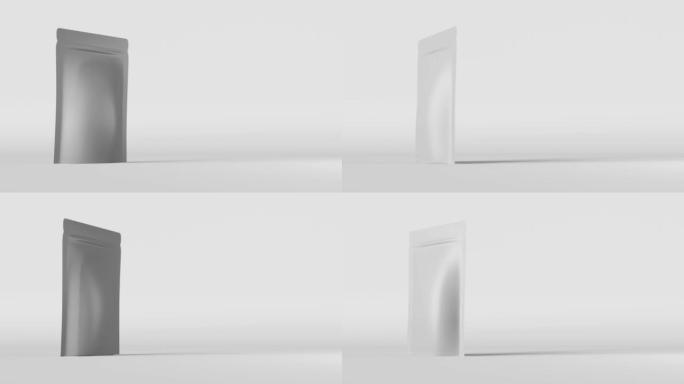 白色袋袋模型品牌光背景3D动画。商品包装设计。空白箔咖啡豆包装。茶食零食香包产品模板。商店送货销售示