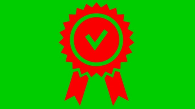 动画红色质量标记。平面设计中的认可或认证图标。矢量插图孤立在绿色背景上。