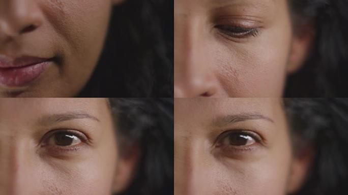 随着光线的变化，一个女人张开棕色眼睛的SLO MO TU脸