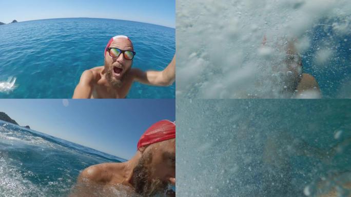 一名男子从船上在夏天的大海中跳跃和潜水的自拍视频