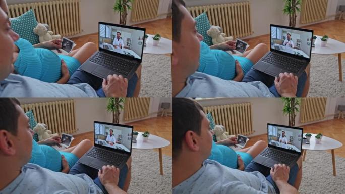 丈夫和怀孕的妻子与医生进行视频通话