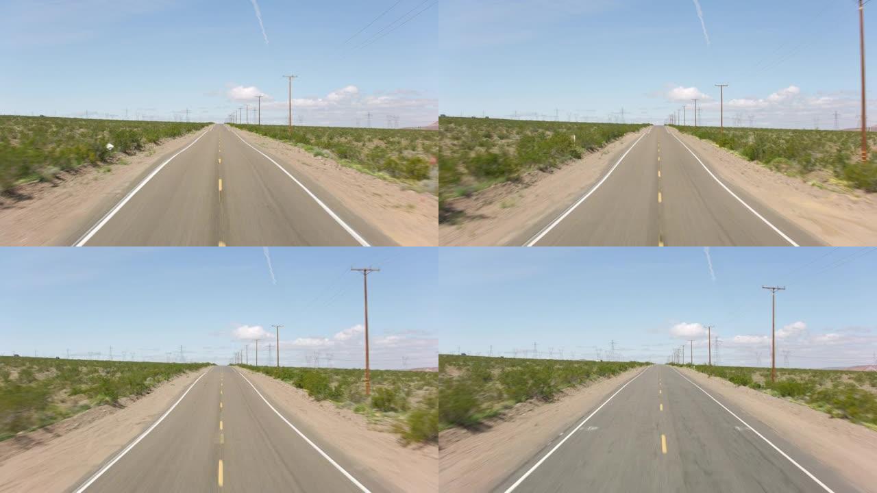 加州大约2020年。加州66号公路的稳定驾驶镜头。用Cineflex万向节和红色8k相机拍摄。