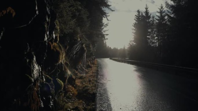 挪威的冬季景观: 潮湿的道路和苍白的阳光
