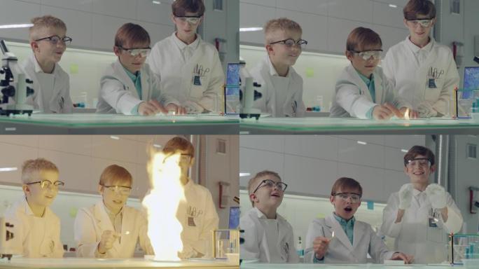 兴奋的男孩用火进行科学实验。实验室内部