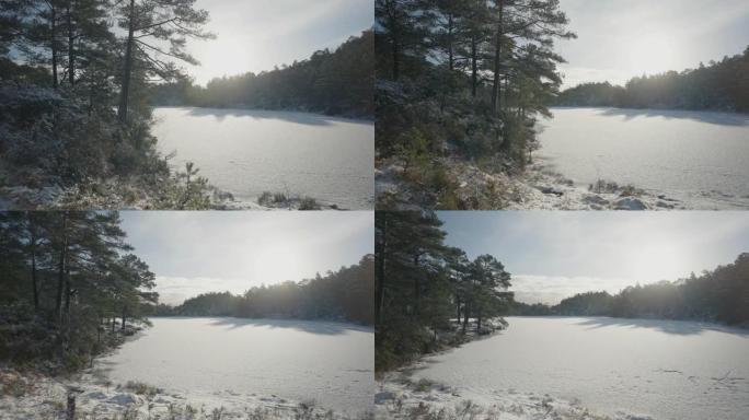 冬季的户外活动: 森林景观被雪和冰冻的湖泊覆盖