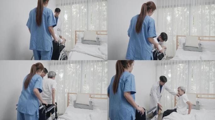 医生和护理护士的场景通过帮助他从轮椅上到家中睡觉来照顾高级男性，在家中的医疗保健概念