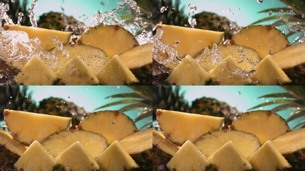 菠萝和水溅过菠萝片的慢动作镜头