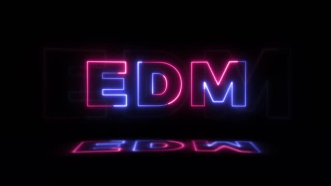 黑色背景上的霓虹灯发光单词 “edm”，地板上有反射。无缝循环运动图形中的霓虹灯发光标志