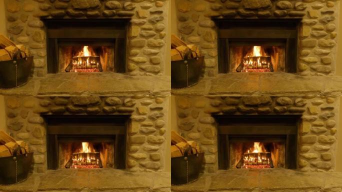 冬季晚上河石壁炉的细节