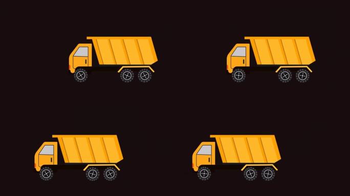 自卸车驾驶与集装箱在阿尔法通道动画。用于运输货物和商业送货服务车辆的自卸车。卡通皮卡货车货运货车。