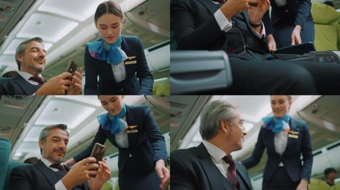 商人在飞行中使用飞机内的电话