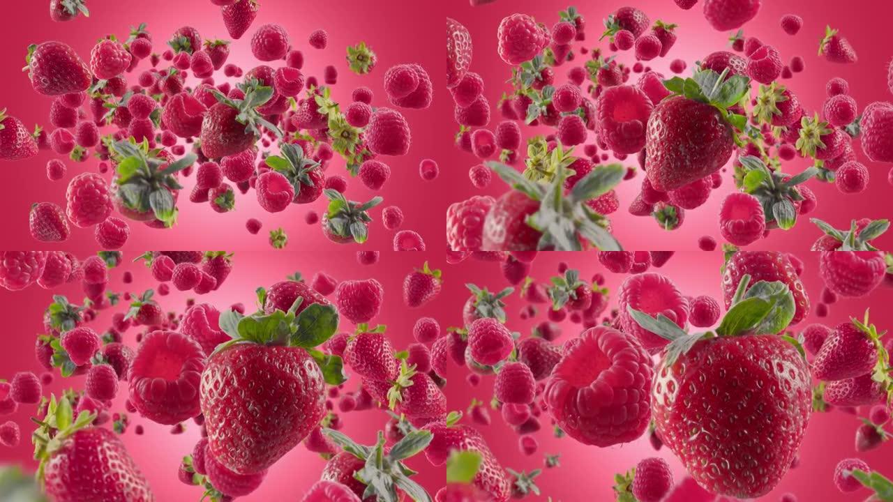 粉色紫红色背景下的草莓覆盆子爆发