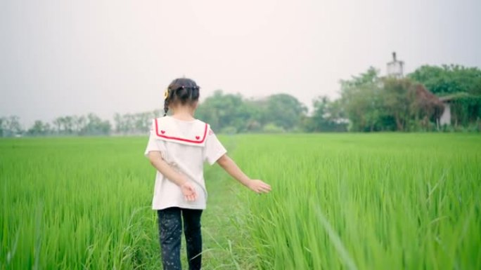 亚洲女孩快乐快乐地走在绿色的田野里。