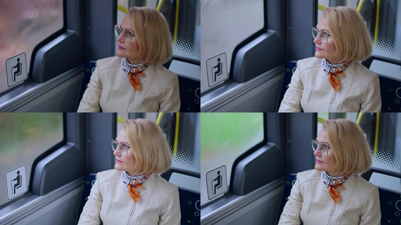 LD高级妇女坐在公共汽车上看着窗外