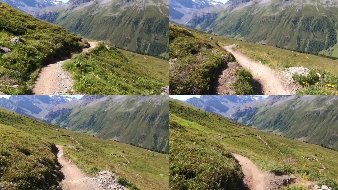 女子山地自行车沿高山路径的第一人称视角