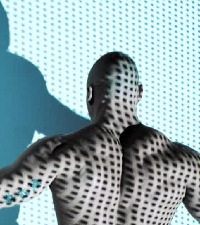 在蓝色背景上抽象的灯光效果下，肌肉发达的男人在镜头前展示肌肉和姿势。垂直视频