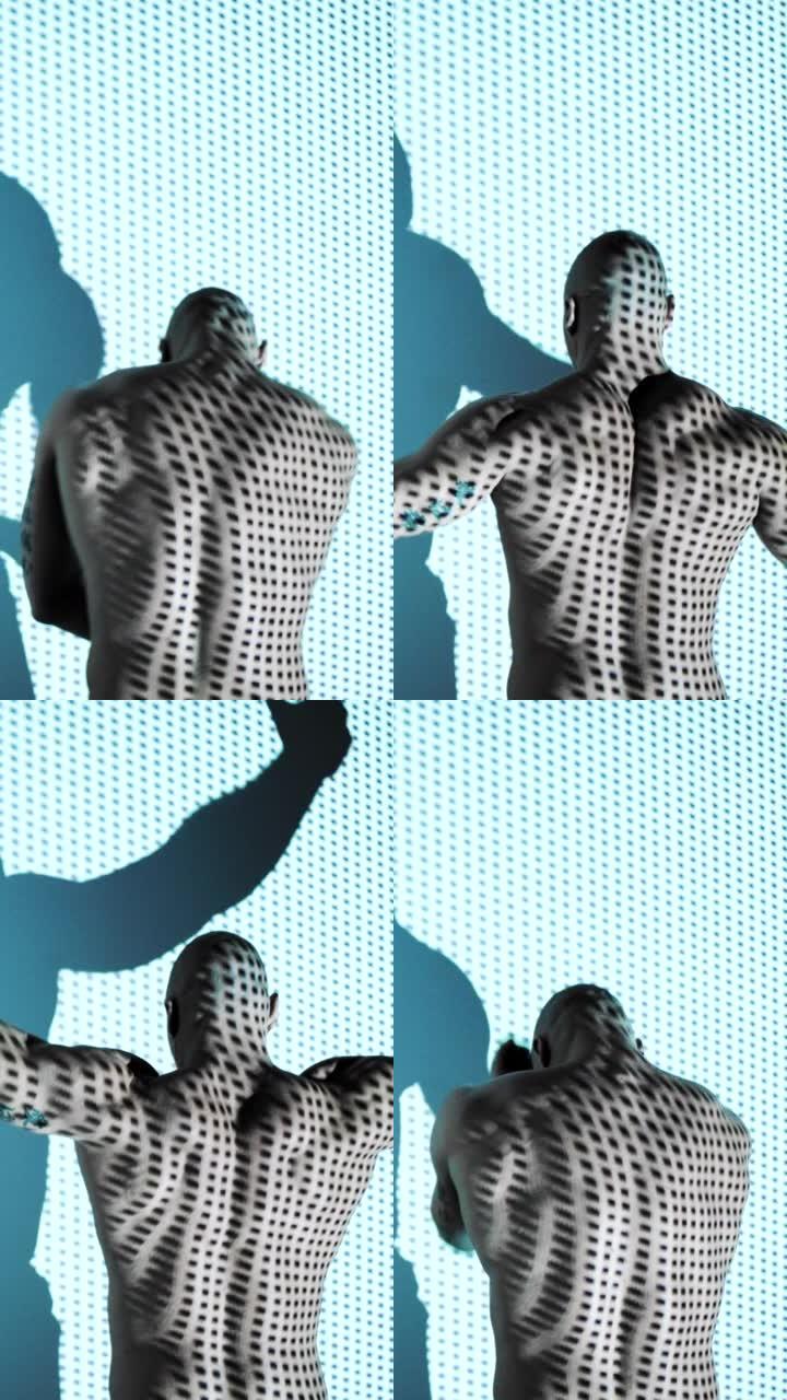 在蓝色背景上抽象的灯光效果下，肌肉发达的男人在镜头前展示肌肉和姿势。垂直视频