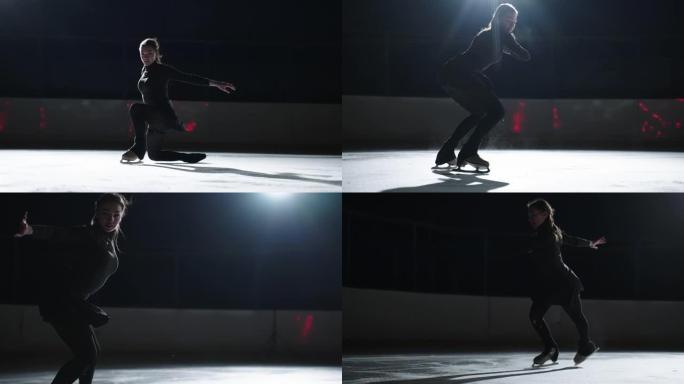 美丽的年轻女运动员在黑暗中的溜冰场上滑冰，表演花样滑冰的元素