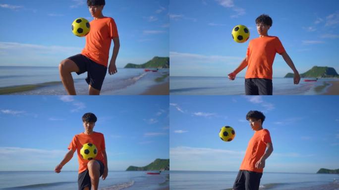 慢动作: 男子在海滩上弹跳球