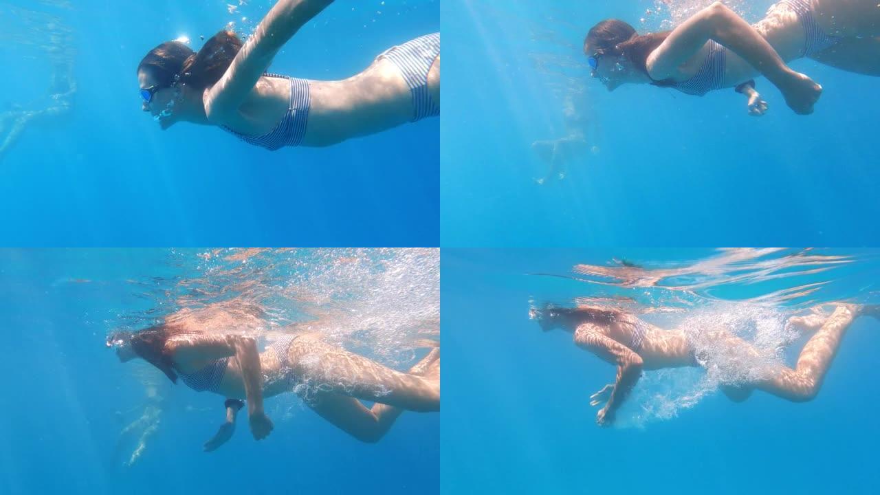 夏天在海里浮潜。可穿戴相机视点