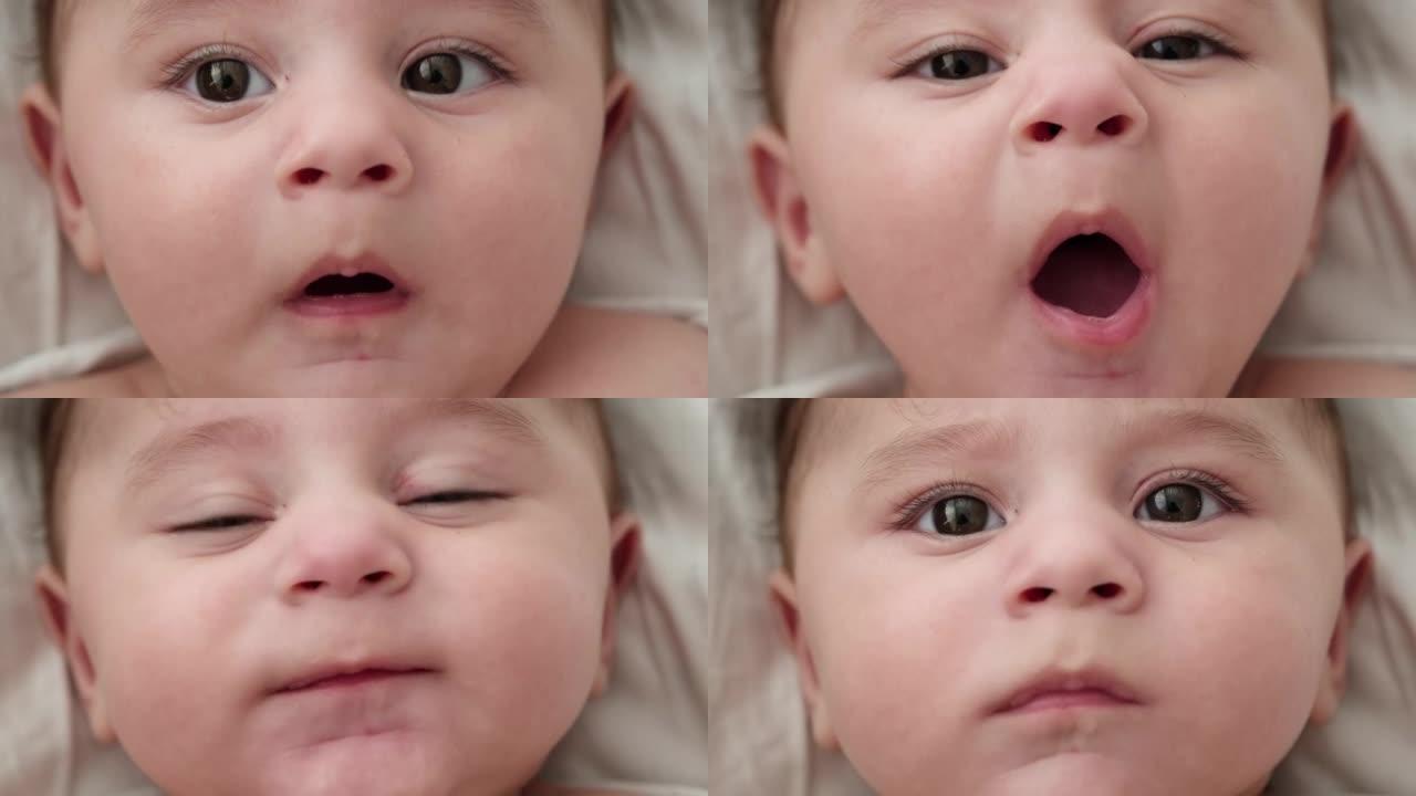 打哈欠婴儿的特写镜头。四个月大的睡午觉睡前昏昏欲睡的孩子的肖像