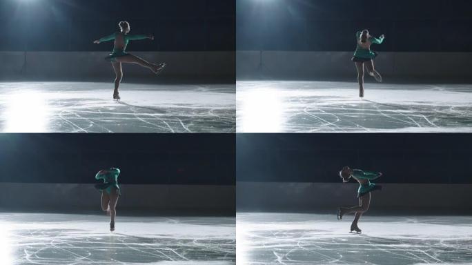 初级女花样滑冰运动员独自在溜冰场表演，年轻的运动女孩正在旋转，慢动作射击