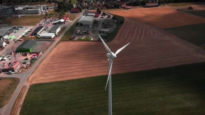 野外有旋转叶片的风车。乡村带工作螺旋桨的风力涡轮机。绿色替代能源。能源生产。环境保护。可持续能源发展