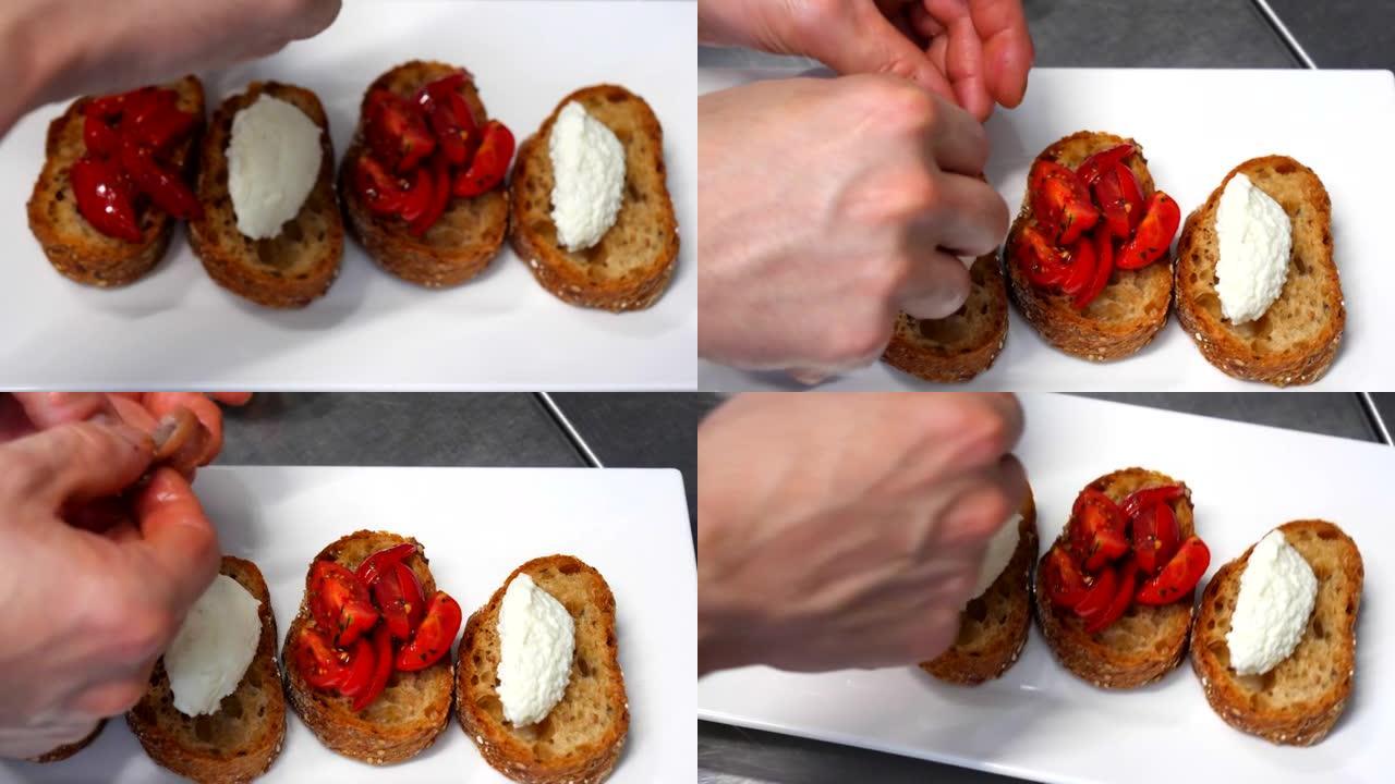 厨师用面包奶酪和肉类电镀一顿饭的细节照片