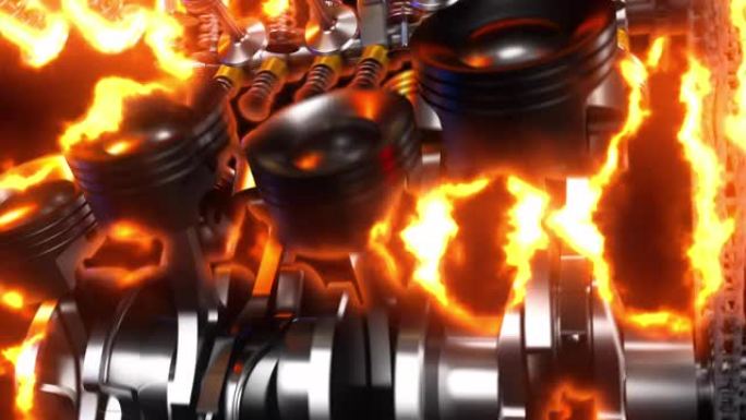 强大的V8发动机高速发电。到处都是火焰。