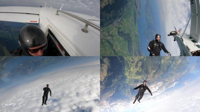 跳伞运动员从飞机上坠落，滑过山区空气