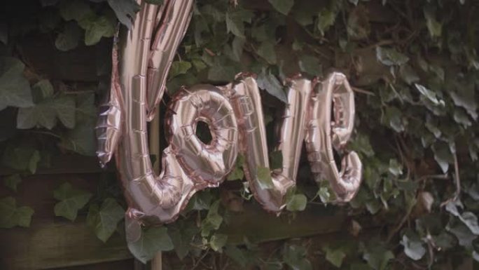 常春藤墙上粉红色爱情气球的细节照片