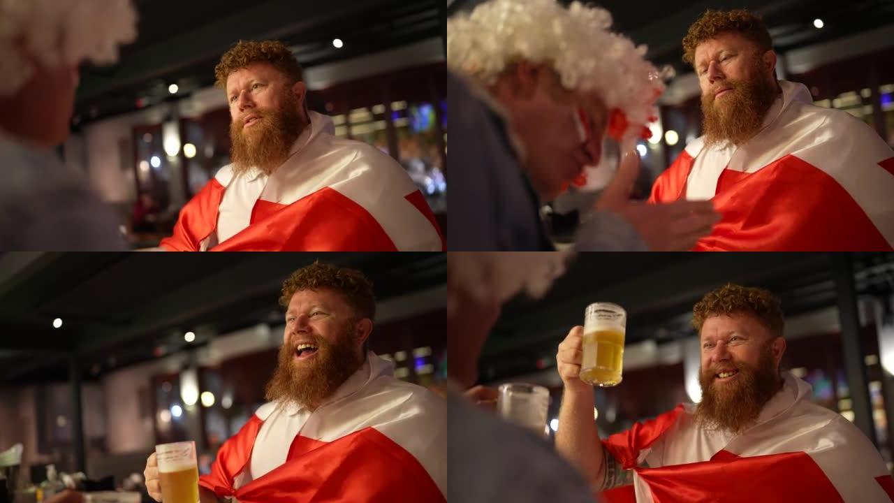 快乐时光里，成熟的男性体育迷在加拿大国旗酒吧