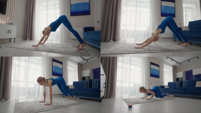 一个女人在家在公寓的地毯上训练。进行家庭练习。在家远程健身伸展和瑜伽。远程培训和健康的生活方式