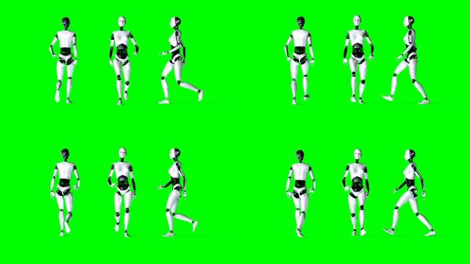 未来主义的人形女性机器人是walkihg。现实的运动和反思。4k绿屏镜头。