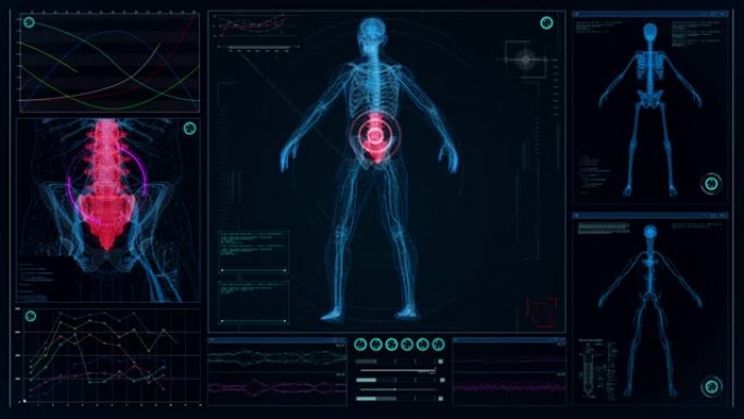 未来实验室。带有动画人体模型的屏幕。扫描虚拟病人是否受伤。带有红点的脊柱