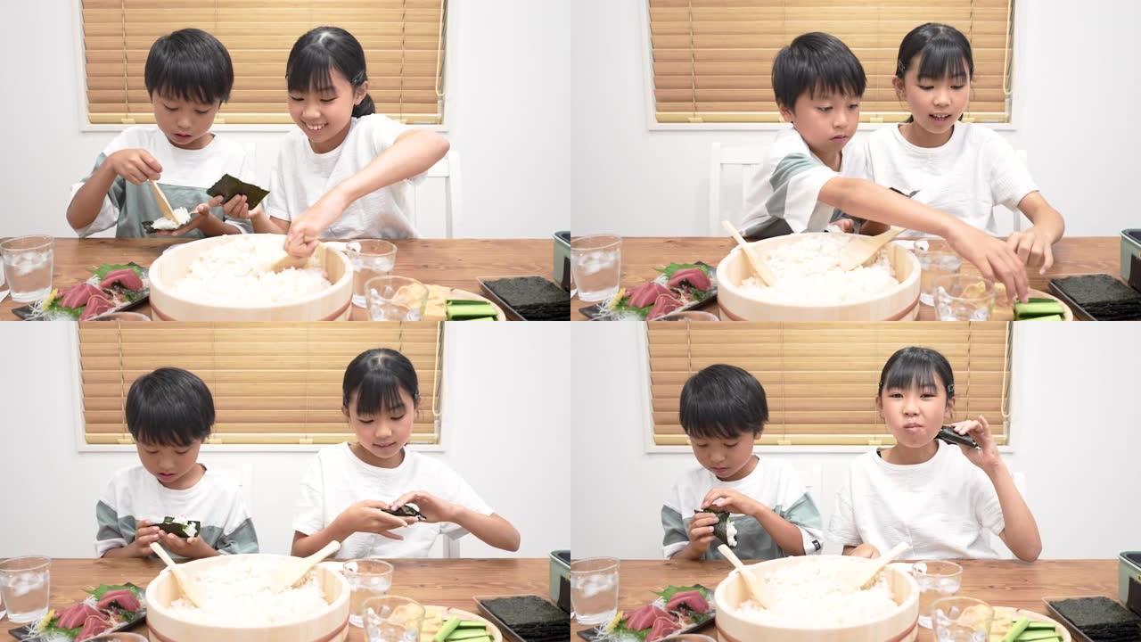亚洲孩子在家制作和吃temaki寿司