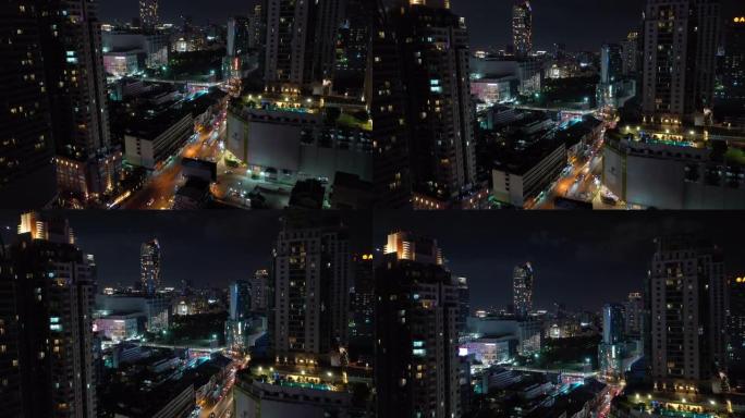 夜间照明曼谷市市区街道交通空中全景4k泰国