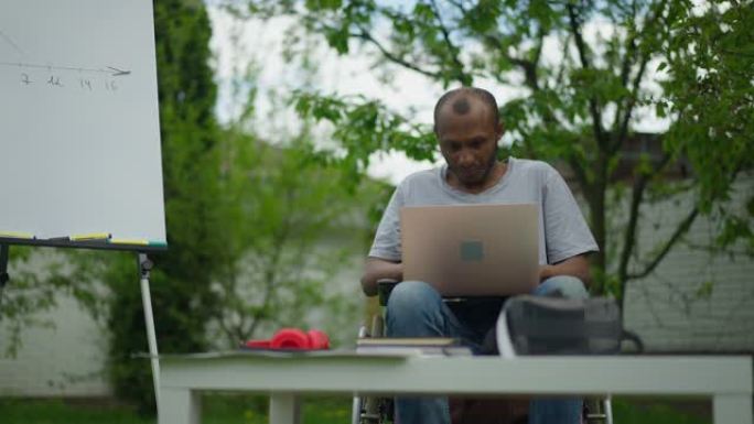 坐在轮椅上的专注于非裔美国残疾人的肖像在笔记本电脑键盘上上网。集中专业业务分析师在户外工作的前视图。