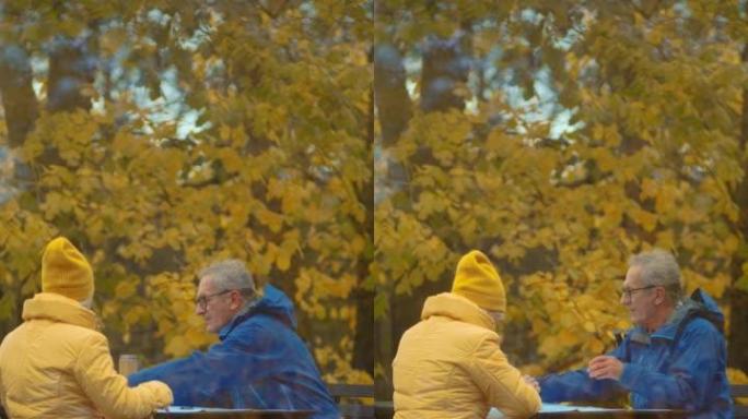 北欧老年夫妇散步休息，在公园餐桌上喝茶。在室内观看。垂直视频