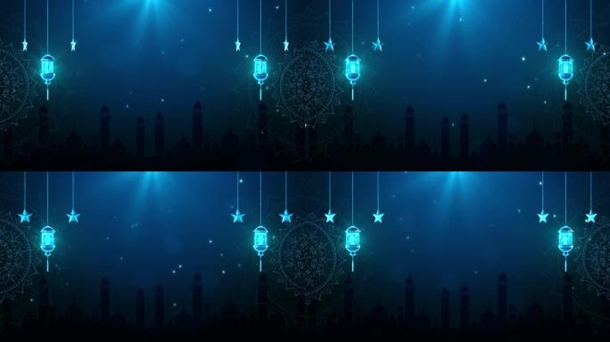 传统灯笼斋月伊斯兰与粒子照明的蓝色背景