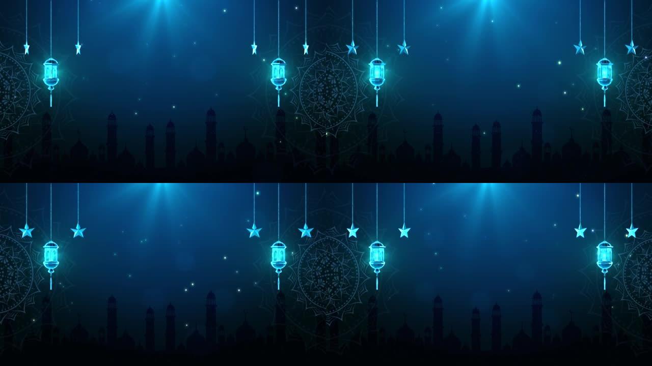 传统灯笼斋月伊斯兰与粒子照明的蓝色背景