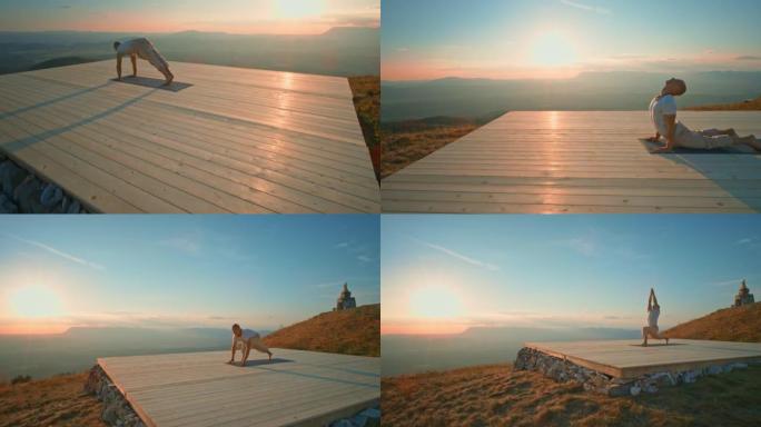 CS男子在阳光明媚的山顶上做瑜伽