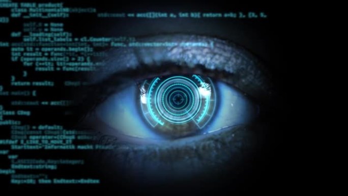 4k未来派数字眼扫描仪软件编程源代码循环动画。
