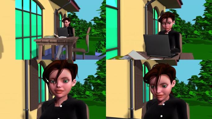 3d动画，一个带有笔记本电脑的卡通人物，在她的外屋