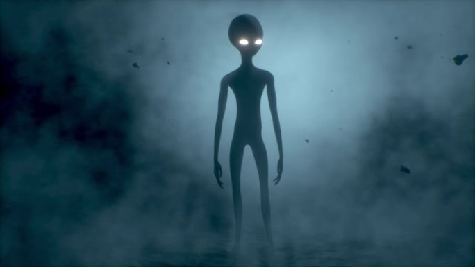 可怕的灰色外星人站在黑暗的烟熏背景上，看起来眨眼。不明飞行物未来主义概念。3D渲染。