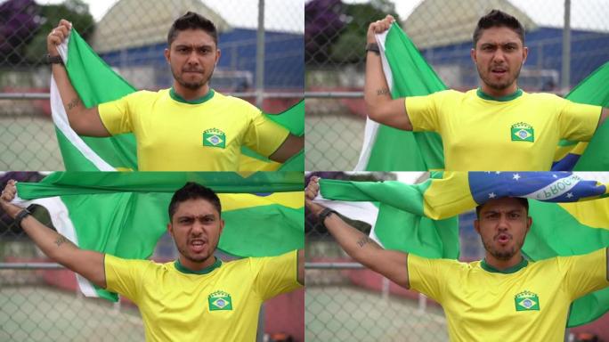 一名巴西足球男子手持国旗的肖像
