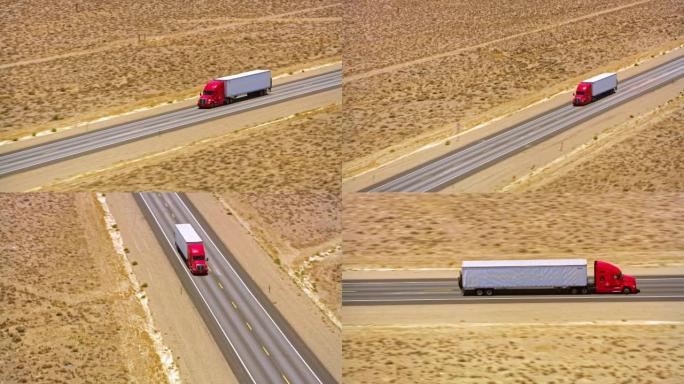 空中红色卡车在美国内华达州的高速公路上沿着沙漠景观行驶