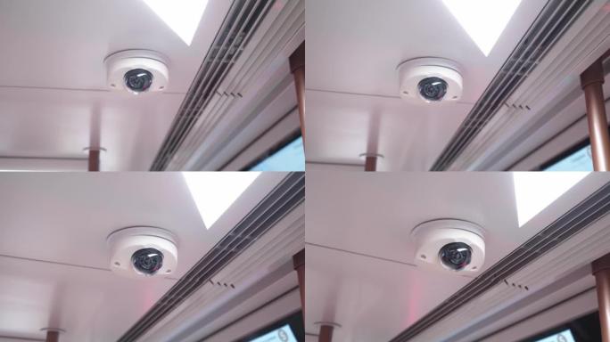地铁车厢天花板上的网络摄像机特写。地铁车厢内部。莫斯科大都会概念。